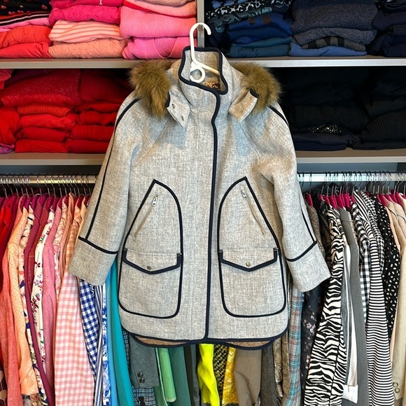 J Crew Italian Stadium Cloth 80% wool gray/navy coat with detachable hood size 2 - Picture 1 of 5
